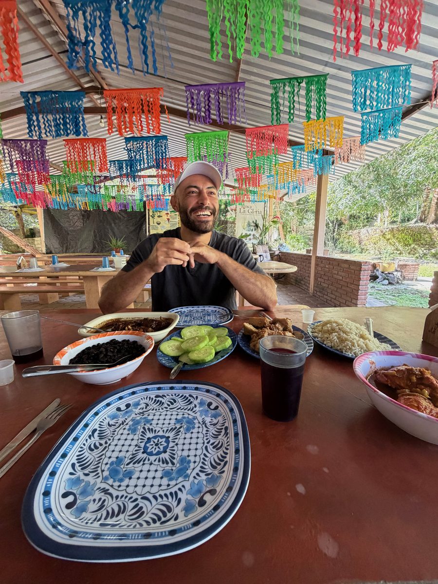 Laughing at a colorful Mexican restaurant