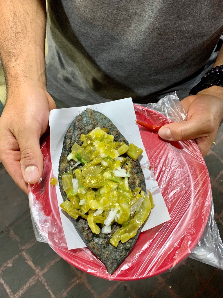 Blue corn tlayuda in Oaxaca