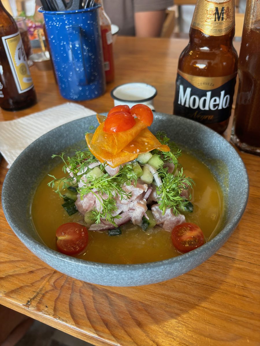 Beautiful ceviche with Modelo
